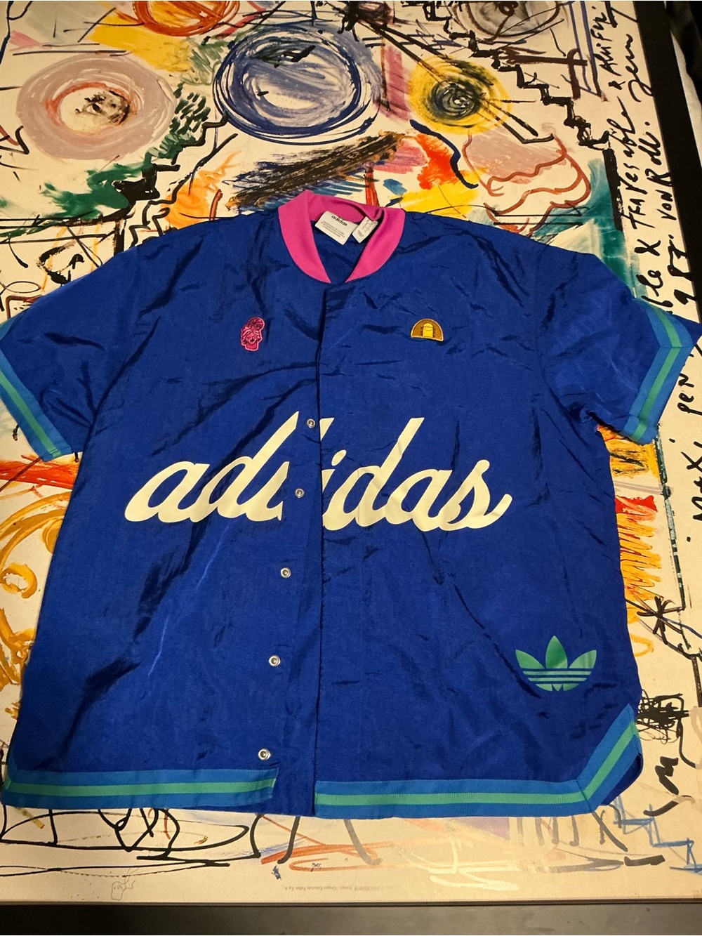 adidas Blue Baseball-Style Button Down with Pink Collar